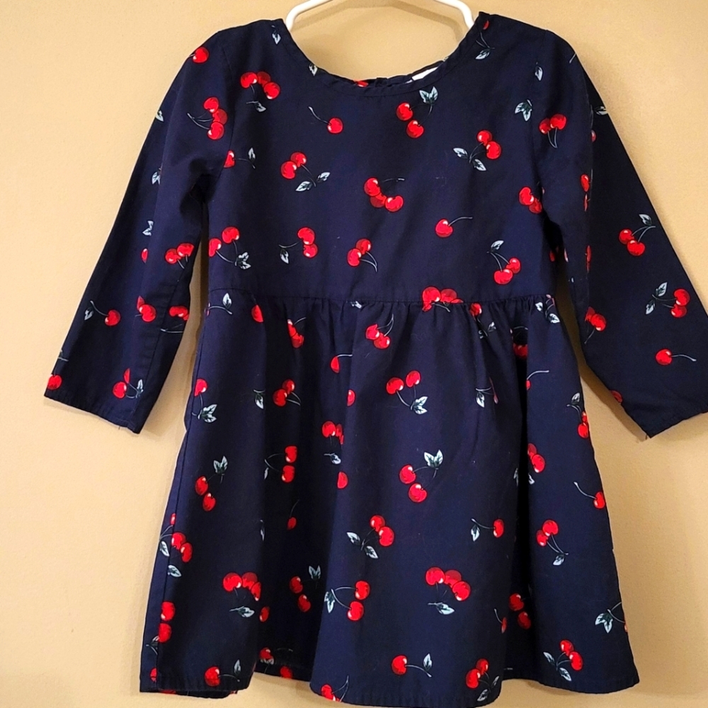 Long sleeve navy cotton dress with cherry print